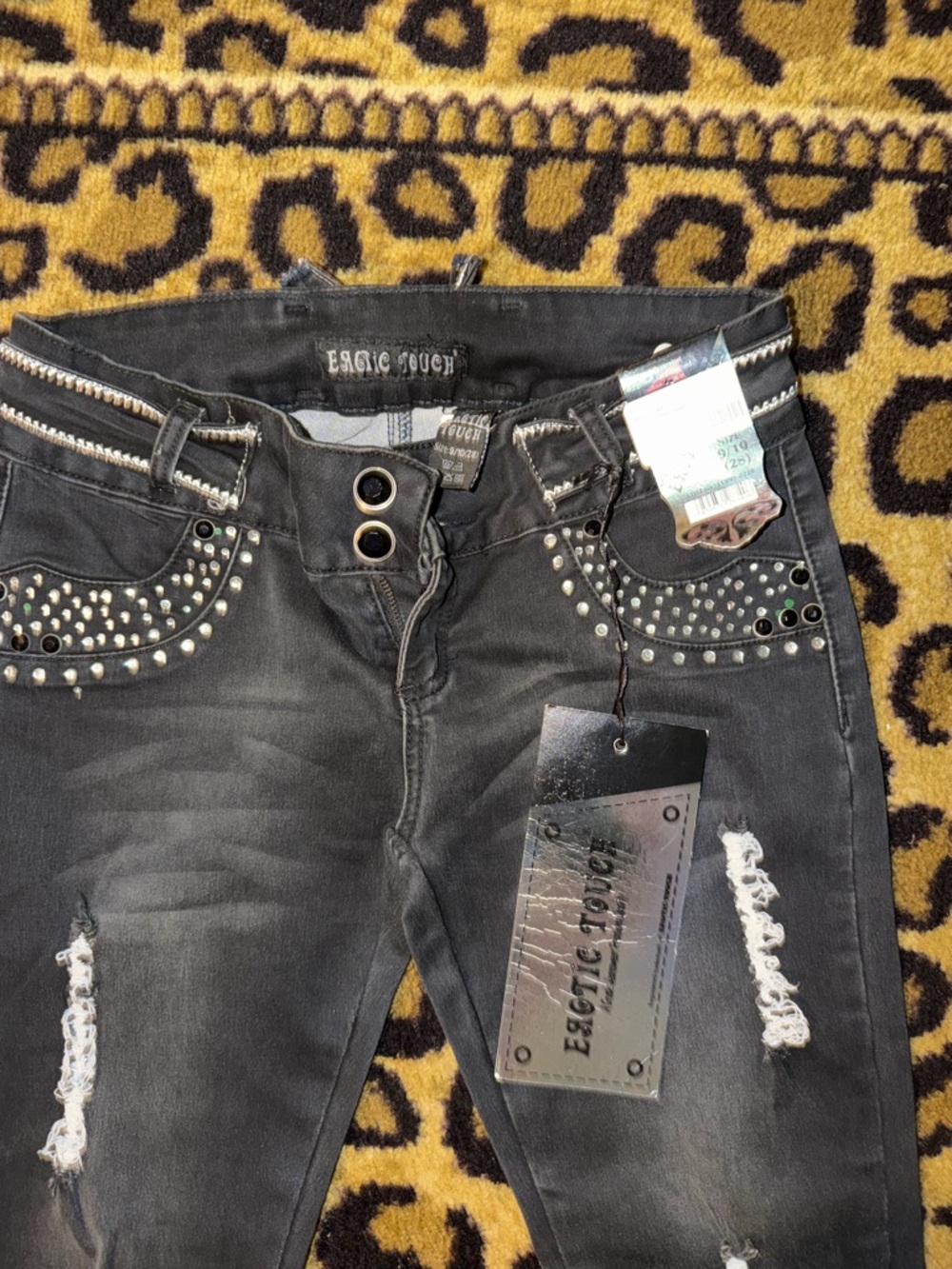 Women's Black Distressed Studded Jeans
